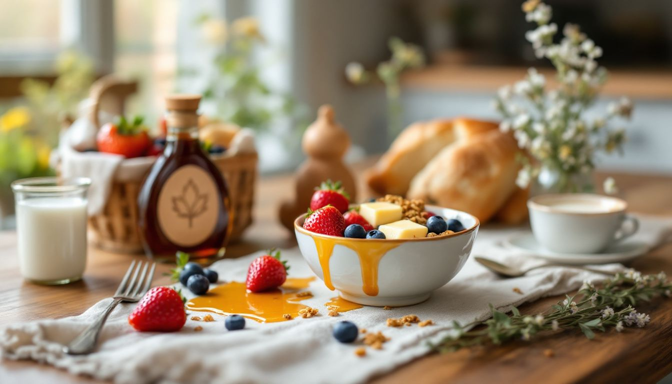 A healthy breakfast spread featuring organic maple syrup and various foods.