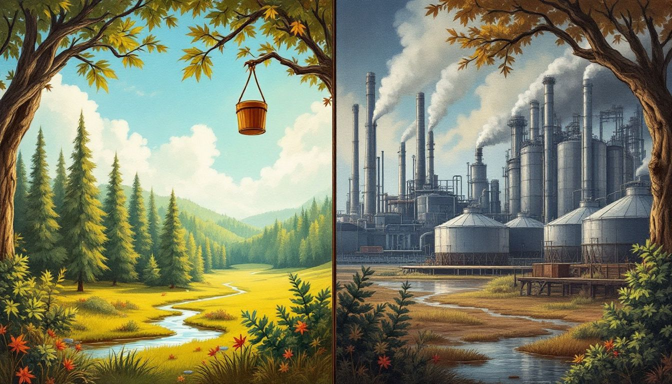 An illustration comparing organic maple syrup vs regular syrup, highlighting the differences in production.