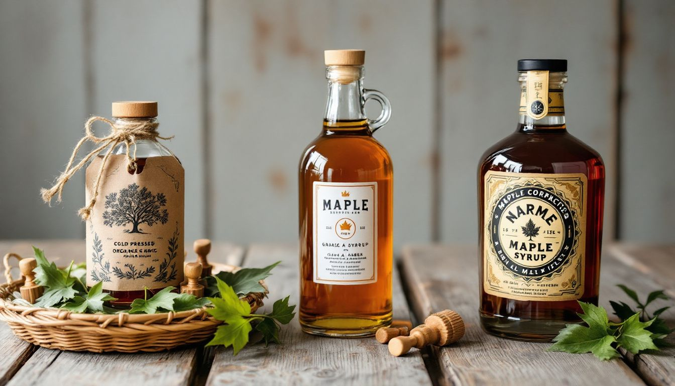 Different types of maple syrup bottles including organic options.